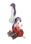  bad_id bad_pixiv_id blue_hair cream_puff crumbs detached_sleeves dress eating food furude_rika hakama hanyuu highres higurashi_no_naku_koro_ni horns japanese_clothes kuuichi09 miko multiple_girls purple_eyes purple_hair red_hakama sandals sitting sitting_on_object 