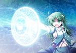  absurdres breasts detached_sleeves frog green_eyes green_hair hair_ornament highres kochiya_sanae large_breasts long_hair magic_circle navel open_mouth outstretched_arm shouting sideboob snake solo taiga_(natsu_hotaru) touhou 