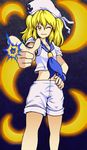  anchor blonde_hair crescent_moon exis hand_on_hip hat kitashirakawa_chiyuri midriff moon navel one_eye_closed pointing ribbon sailor_collar short_hair shorts smile solo touhou touhou_(pc-98) twintails wrist_cuffs yellow_eyes 