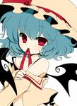  bad_id bad_pixiv_id bare_shoulders bat_wings black_bra blue_hair bra haru_(kyou) hat lingerie midriff mouth_hold off_shoulder open_clothes open_shirt red_eyes remilia_scarlet ribbon ribbon_in_mouth shirt solo strap_slip touhou underwear undressing upper_body wings 