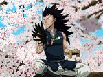  1boy black_hair boots cherry_blosoms cherry_blossoms dango eating fairy_tail feathers food gajeel_redfox gloves long_hair male male_focus piercing piercings red_eyes scar scars sitting stitches tattoo wagashi 