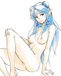  arm_support barefoot blue_eyes blue_hair breasts double_bun elf face forehead_jewel gus_(clarkii) hand_on_own_knee lips medium_breasts navel nipples no_pussy nude pointy_ears remedia_kalar sketch solo toushin_toshi_iii 
