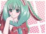  bow frills front_ponytail green_eyes green_hair hair_bow hair_ornament hair_ribbon heriwo_(haraheridou) kagiyama_hina long_hair ribbon smile solo touhou 