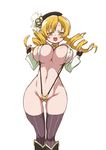  beret blonde_hair boots breasts detached_sleeves drill_hair gloves gokkun_tororojiru hat huge_breasts mahou_shoujo_madoka_magica slingshot_swimsuit solo swimsuit thighhighs tomoe_mami twin_drills twintails wide_hips yellow_eyes 
