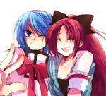  blue_eyes blue_hair hiyori7 long_hair mahou_shoujo_madoka_magica miki_sayaka mitakihara_school_uniform multiple_girls ponytail red_eyes red_hair sakura_kyouko school_uniform short_hair 