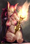 breasts cape cleavage dark_skin fire large_breasts long_hair original red_hair slingshot_swimsuit solo staff swimsuit torch ueyama_michirou yellow_eyes 