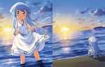  artist_request blue_eyes blue_hair blush chibi collarbone dress dress_lift ikamusume light_smile long_hair mini-ikamusume ocean official_art shinryaku!_ikamusume solo sundress sunset tentacles very_long_hair wading 