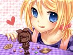  apollo_chocolate blonde_hair blue_eyes checkerboard_cookie chocolate chocolate_statue cookie face food heart kagamine_rin licking_lips scrunchie short_hair solo sweets tongue tongue_out valentine vocaloid yayoi_(egoistic_realism) 