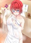  anger_vein bare_shoulders blue_eyes blush covering covering_breasts kaerunoashi no_bra no_panties open_mouth original red_hair solo standing 