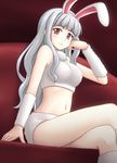  animal_ears bare_shoulders breasts bunny_ears crossed_legs grey_hair hairband idolmaster idolmaster_(classic) large_breasts long_hair navel red_eyes shijou_takane sitting smile solo utomo 