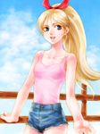  blonde_hair blue_eyes bow collarbone cutoffs denim denim_shorts fence hair_bow kamikita_keiko muteki_choujin_zambot_3 ponytail shima108 shorts solo tank_top 