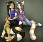  anthro brown_hair cacomistle chandraken claws cute duo eye_contact female hair heterochromia hindpaw looking_at_each_other lune mammal paws purple_eyes sitting soda tee terrah whiskers 