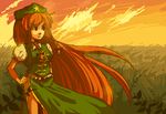  braid cloud dress grass green_dress hand_on_hip hat hong_meiling long_hair outdoors red_hair serious side_slit solo standing tabashio touhou twilight very_long_hair 
