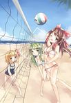  bad_id bad_pixiv_id ball barefoot beach beach_volleyball bikini bow breasts brown_eyes brown_hair cleavage day fongjlf frog front-tie_top green_eyes green_hair hair_bow hair_ornament hakurei_reimu kochiya_sanae medium_breasts multiple_girls net one-piece_swimsuit rumia school_swimsuit side-tie_bikini striped striped_bikini striped_swimsuit swimsuit touhou volleyball wince 