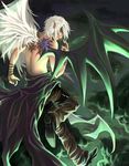  bangles black_wing clouds cracked_skin deity elf feather gray_eyes green hair leather pants topless white_hair white_wing 