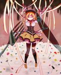  beret blonde_hair boots empty_eyes fork hachiko_(pixiv988361) hat highres knife mahou_shoujo_madoka_magica puffy_sleeves solo thighhighs tomoe_mami 