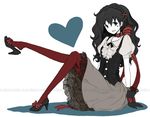  black_hair blue_eyes bow formal frills gloves heart high_heels joanna_(mojo!) original pantyhose red_legwear shoe_dangle shoes sitting skirt solo vest watermark 