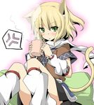  animal_ears arm_warmers blonde_hair cat_ears cat_tail cup green_eyes kemonomimi_mode leg_warmers mizuhashi_parsee mug scarf short_hair solo suna_(sunaipu) tail touhou 