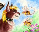  bee blonde_hair blue_eyes collar ear_piercing earring feline flower hair hybrid insect ladyjekyll mammal mouse piercing rodent wings 