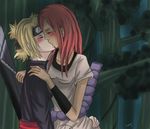  2girls blonde_hair blush closed_eyes eyes_closed hug kiss kissing lowres multiple_girls naruto red_hair tayuya temari tree yuri 