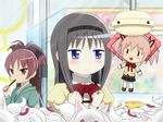  akemi_homura bad_id bad_pixiv_id black_hair character_doll crane_game doll food kaname_madoka kyubey long_hair mahou_shoujo_madoka_magica mitakihara_school_uniform multiple_girls pocky red_eyes red_hair sakura_kyouko school_uniform shishamo_(scholacco) smile thighhighs |_| 