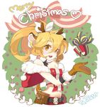  animal_ears antlers belt blonde_hair bow breasts brown_gloves christmas cleavage deer_ears deer_tail gift gloves heart long_hair midriff navel open_mouth original ponytail ribbon small_breasts solo tail taruk yellow_eyes 