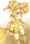  blonde_hair blue_eyes cellphone dean food_themed_clothes hat highres monster_hunter monster_hunter_portable_3rd mosgharl_(armor) one_eye_closed panties pantyshot phone pumpkin short_hair solo underwear witch_hat 