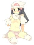  1girl artist_request bare_shoulders black_eyes black_hair blush breasts frown hat highres hikari_(pokemon) long_hair navel nipples panties pokemon pokemon_(game) pokemon_dppt pumpkinpan scarf solo striped striped_panties thighhighs topless underwear white_legwear white_thighhighs 