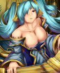  blue_hair bracelet breasts cleavage covered_nipples dress highres instrument jewelry large_breasts league_of_legends long_hair solo umakatsuhai 