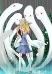  absurdres amagase_lyle blonde_hair blue_eyes detached_sleeves grin hat hat_tip highres mishaguji moriya_suwako short_hair smile snake solo thighhighs touhou water white_legwear white_snake 