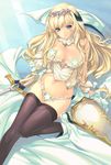  alice_soft blonde_hair blue_eyes breasts censored cleavage covering covering_breasts daiteikoku orion panties sarah_britten shield sword thighhighs underwear weapon white_panties 