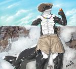  black_eyes cetacean hat male marine muscles necklace orca piercing rainbow_necklace rainbow_symbol redic-nomad solo tail topless 