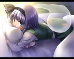  black_hairband blue_eyes blush ghost hairband hitodama konpaku_youmu konpaku_youmu_(ghost) letterboxed looking_at_viewer lying murasaki_kajima on_stomach pillow pillow_hug short_hair silver_hair solo touhou 