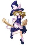  absurdres bamboo_broom blonde_hair blush bobby_socks bow broom broom_riding full_body hair_bow hat highres kirisame_marisa long_hair mary_janes one_eye_closed shoes sidesaddle sitting smile socks solo soraneko+ touhou transparent_background witch_hat yellow_eyes 