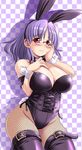  animal_ears blush breasts bunny_ears bunnysuit checkered checkered_background collar corset fishnet_pantyhose fishnets glasses hand_on_own_cheek hand_on_own_chest hand_on_own_face large_breasts original pantyhose purple_hair red_eyes shadow short_hair solo thighhighs tonpuu wrist_cuffs 