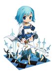  blue_eyes boots cape checkered checkered_floor chibi hand_on_hip magical_girl mahou_shoujo_madoka_magica mao_yu miki_sayaka short_hair solo sword thighhighs weapon zettai_ryouiki 