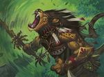  black_hair fangs feline hair lion magic_the_gathering male mammal muscles nacatl roar roaring solo steve_prescott tribal weapon wizards_of_the_coast 