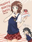  amami_haruka blush bracelet cake finger_licking food food_on_face ganaha_hibiki happy_birthday icing idolmaster idolmaster_(classic) jewelry licking multiple_girls open_mouth peg plate school_uniform shouting skirt strawberry_shortcake sweatdrop sweater_vest the_best_schoolmate_(idolmaster) translated 