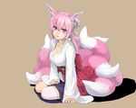  animal_ears arm_support asymmetrical_clothes breasts cleavage collarbone fox_ears fox_tail highres japanese_clothes kuroko_(piii) large_breasts light_smile multiple_tails original pink_hair purple_eyes shadow simple_background sitting solo tail thighhighs yokozuwari 