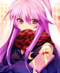  animal_ears bad_id bad_pixiv_id blazer blush bow bunny_ears checkered covering_mouth crescent eyelashes eyes gift holding holding_gift incoming_gift jacket long_hair looking_at_viewer nochita_shin purple_hair reisen_udongein_inaba scarf sidelocks solo touhou upper_body valentine 