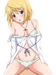  bare_shoulders blonde_hair blush breasts charlotte_dunois drooling infinite_stratos jewelry lingerie navel nipples open_mouth panties panties_aside pendant purple_eyes ribbon sex shirt_slip small_breasts solo_focus strap_slip takamin_apaman underwear vaginal 