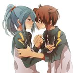  blue_hair brown_hair endou_mamoru hair_over_one_eye holding_hands inazuma_eleven inazuma_eleven_(series) jacket kazemaru_ichirouta male_focus multiple_boys sleeves_past_wrists tears yaoi yorozuyozu 