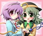  blush eyeball geo_(yukishitadou) green_eyes green_hair hairband hat komeiji_koishi komeiji_satori multiple_girls open_mouth purple_eyes purple_hair siblings sisters third_eye touhou upper_body 