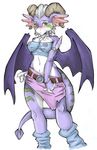  belt blush breasts feather female green_eyes hair horns leg_warmer looking_at_viewer navel nipples pinup purple scalie short_hair skimpy solo standing sukebepanda translucent white white_background white_hair wide_hips wings 