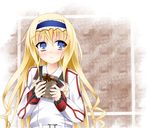  blonde_hair blue_eyes blue_hairband blush cecilia_alcott curly_hair drill_hair gift hairband holding holding_gift infinite_stratos long_hair narumi_yuu_(imitmoon) school_uniform solo valentine very_long_hair 