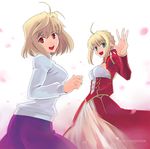  ahoge arcueid_brunestud blonde_hair breasts dress epaulettes fate/extra fate_(series) hair_ribbon long_skirt medium_breasts multiple_girls nero_claudius_(fate) nero_claudius_(fate)_(all) purple_skirt red_eyes ribbon see-through shirotsumekusa short_hair skirt smile sweater tsukihime turtleneck 