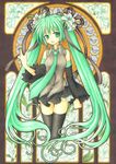  black_legwear bow embellished_costume flower frills funnyfunny hair_bow hair_flower hair_ornament hatsune_miku lace lily_(flower) long_hair marker_(medium) musical_note necktie solo thighhighs traditional_media twintails very_long_hair vocaloid wide_sleeves zettai_ryouiki 