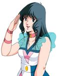  80s black_hair blue_eyes choker choujikuu_yousai_macross dress long_hair lynn_minmay macross oldschool salute simple_background solo tachibana_kazuto 