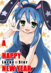  animal_ears beauty_mark blue_hair bunny_ears bunny_suit bunnysuit flat_chest green_eyes izumi_konata lucky_star nail_polish open_mouth smile solo thighhighs very_long_hair 