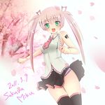  cherry_blossoms green_eyes hatsune_miku katsudon_(cdameg) long_hair mikupa necktie object_namesake open_mouth pink_hair sakura_miku skirt solo thighhighs twintails vocaloid 